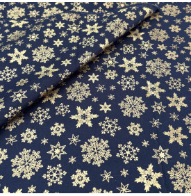 Tissu Coton Imprimé / Motif Noël - Flocons Or & Bleu Marine