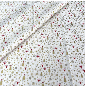 Tissu Coton Imprimé / Motif Noël - Étoiles & Sapins Or, Blanc & Rouge

Résumé