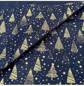 Tissu Coton Imprimé / Motif Noël - Sapins Bleu Marine & Or