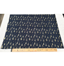Tissu Coton Imprimé / Motif Noël - Sapins Bleu Marine & Or