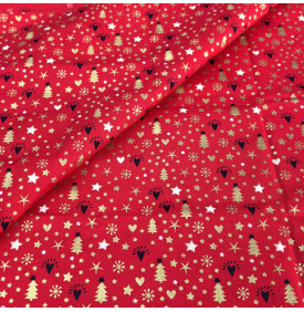 Tissu Coton Imprimé / Motif Noel - Sapins & Cœurs Rouge & Or