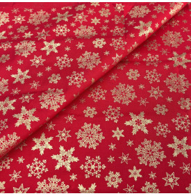Tissu Coton Imprimé / Motif Noel - Flocons Or & Rouge