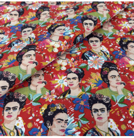 Tissu Coton Imprimé / Motif Portrait Fleuri - Felicia Rouge & Multicolore