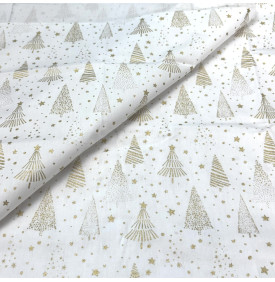 Tissu Coton Imprimé / Motif Noël - Sapins Or & Blanc