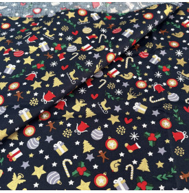 Tissu Coton Imprimé / Motif Noël - Féerie Bleu Marine & Or