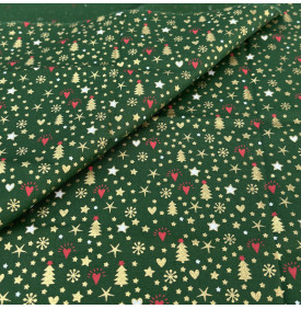 Tissu Coton Imprimé / Motif Noël - Sapins & Étoiles Vert, Or & Rouge