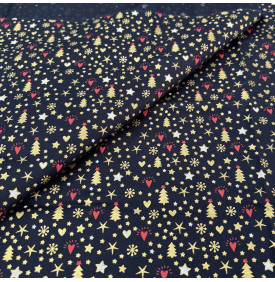 Tissu Coton Imprimé / Motif Noël - Sapins & Étoiles Bleu Marine, Or & Rouge