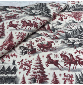 Sergé de Coton / Motif Noël - Village Enneigé Écru & Bordeaux