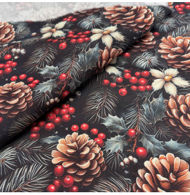 Sergé de Coton / Motif Noel - Pommes de Pin Noir & Rouge