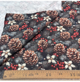 Sergé de Coton / Motif Noel - Pommes de Pin Noir & Rouge