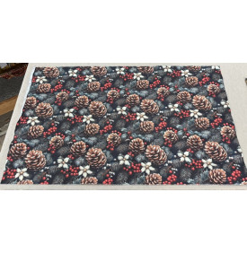 Sergé de Coton / Motif Noel - Pommes de Pin Noir & Rouge