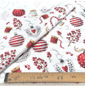 Sergé de Coton / Motif Noel - Mercerie & Boules Rouge Écru