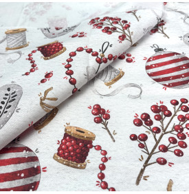 Sergé de Coton / Motif Noel - Mercerie & Boules Rouge Écru