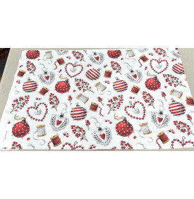 Sergé de Coton / Motif Noel - Mercerie & Boules Rouge Écru