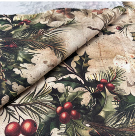 Tissu Sergé de Coton / Motif Noel - Houx & Baies Vert Rouge Écru