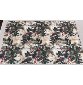 Tissu Sergé de Coton / Motif Noel - Houx & Baies Vert Rouge Écru