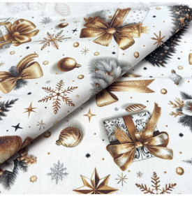 Tissu Sergé de Coton / Motif Noel - Cadeaux & Sapins Écru Doré Noir