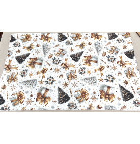 Tissu Sergé de Coton / Motif Noel - Cadeaux & Sapins Écru Doré Noir