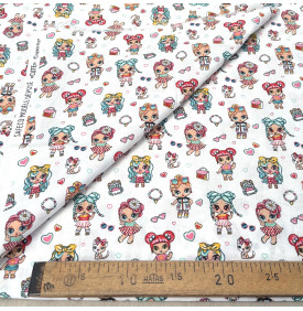 Tissu Coton Imprimé / Motif Poupées - Cute Blanc, Rose & Turquoise