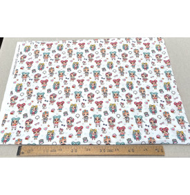 Tissu Coton Imprimé / Motif Poupées - Cute Blanc, Rose & Turquoise