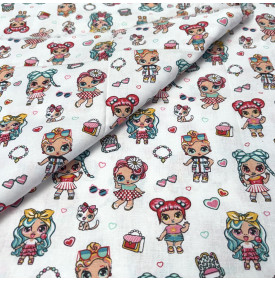 Tissu Coton Imprimé / Motif Poupées - Cute Blanc, Rose & Turquoise