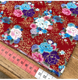 Tissu Coton Imprimé Foil / Fleurs Japonaises Bouquets - Rouge & Or | 11.90 €/M