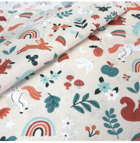 Tissu Coton Enduit / Motif Enfant – Cassiopée Ivoire & Terracotta | 14.90 €/M