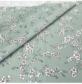 Tissu Coton Enduit / Motif Fleurs Japonaises - Osaka Sauge & Blanc | 14.90 €/M