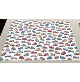 Tissu Coton Enduit / Motif Voitures Rétro – Dedeuche Ivoire & Rouge | 14.90 €/M