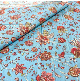 Tissu Coton Enduit / Motif Fleurs Indiennes – Holy Bleu Ciel & Rouge | 14.90 €/M