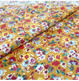 Tissu Coton Enduit / Motif Petites Fleurs – Pâquerettes Moutarde & Rose | 14.90 €/M