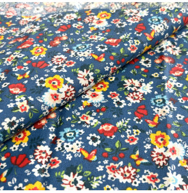 Tissu Coton Enduit / Motif Petites Fleurs – Pâquerettes Bleu & Rouge | 14.90 €/M
