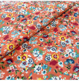 Tissu Coton Enduit / Motif Petites Fleurs – Pâquerettes Corail & Bleu | 14.90 €/M