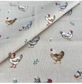 Tissu Aspect Lin / Motif Poules – Picoti Lin & Multicolore | 10.90 €/M