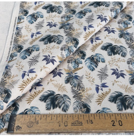Tissu Aspect Lin / Motif Feuillage Tropical – Canopée Écru & Bleu