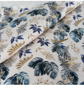 Tissu Aspect Lin / Motif Tropical – Selva Beige, Bleu & Ocre | 10.90 €/M